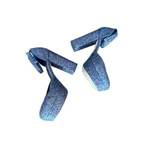 Shellys London Womens Blue Glitter Platform Block Heel Ankle Strap Size 37 6.5